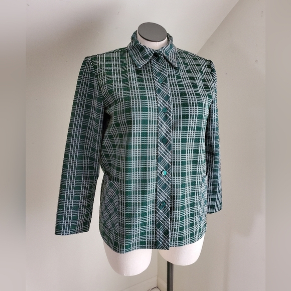 70s Vintage Forest Green Plaid Dagger Collar Top - Picture 1 of 8